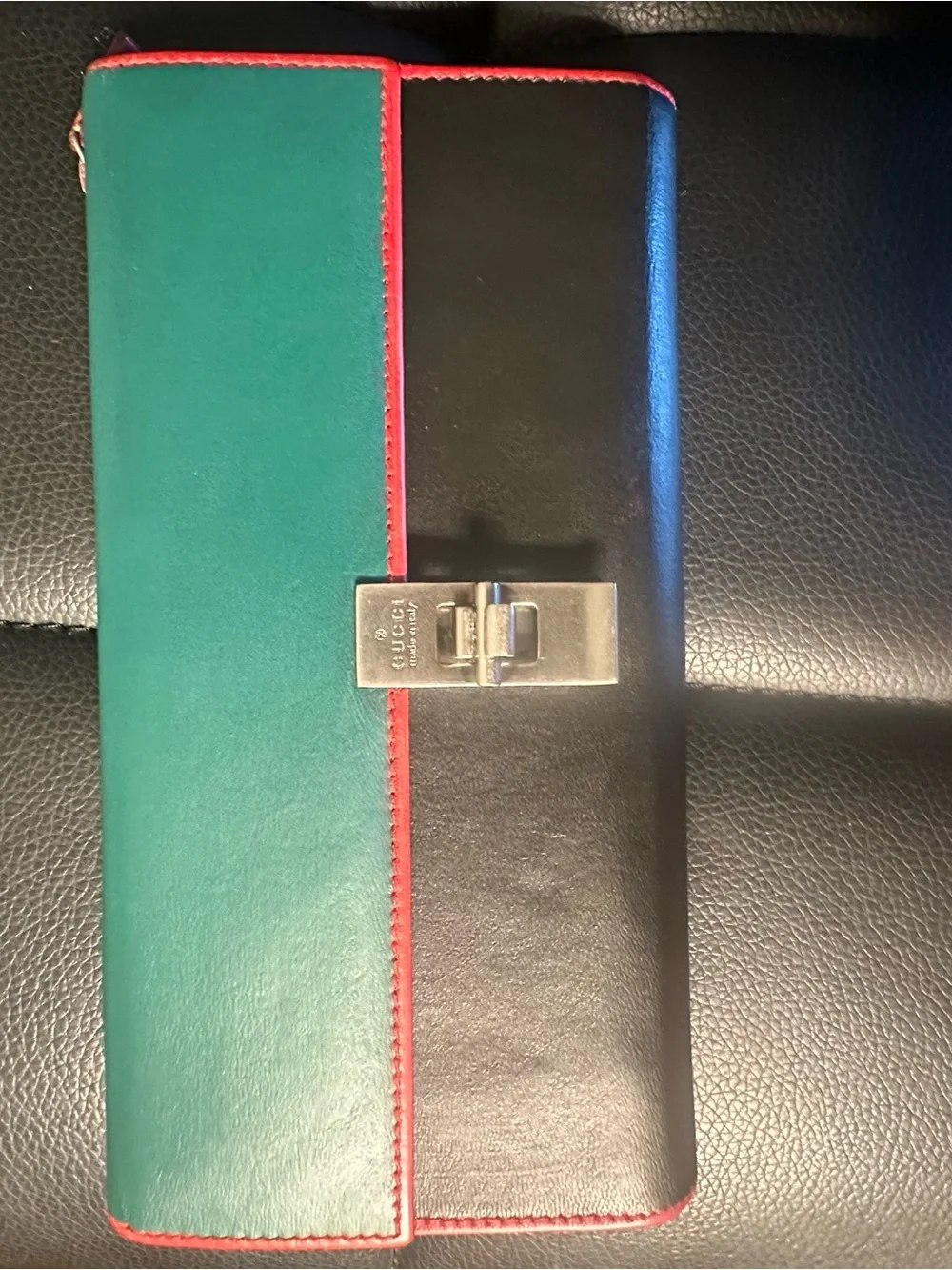 Gucci Green and Black Leather Clutch with Red Trim